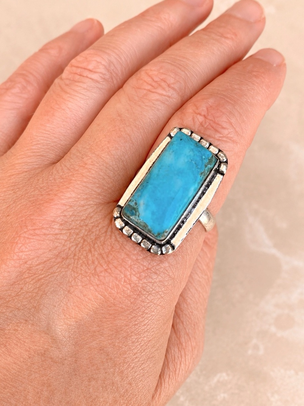 Handcrafted Square Turquoise Silver Ring Sz 10 - Picture 2 of 5